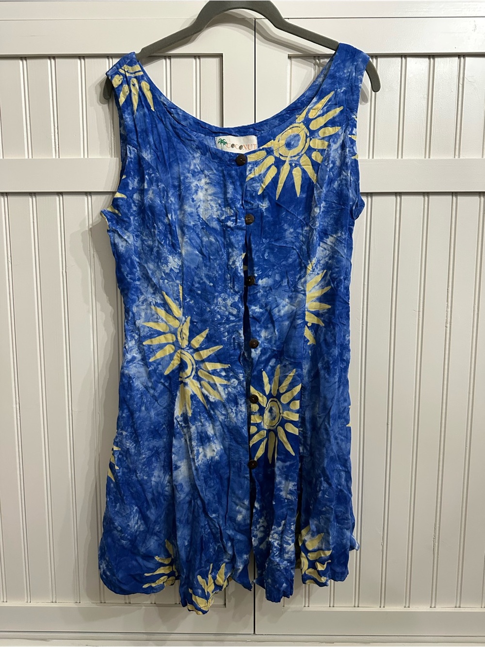 Vtg 90s Coconut Blue Sun Print Batik Sundress Button Front Mini no size